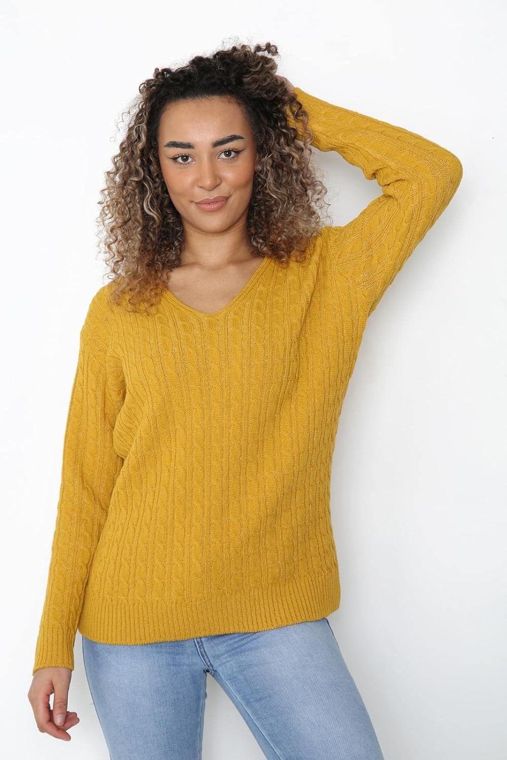 Plus Size Cable Knitted Sweater Top Tops WearAll Mustard 16-18