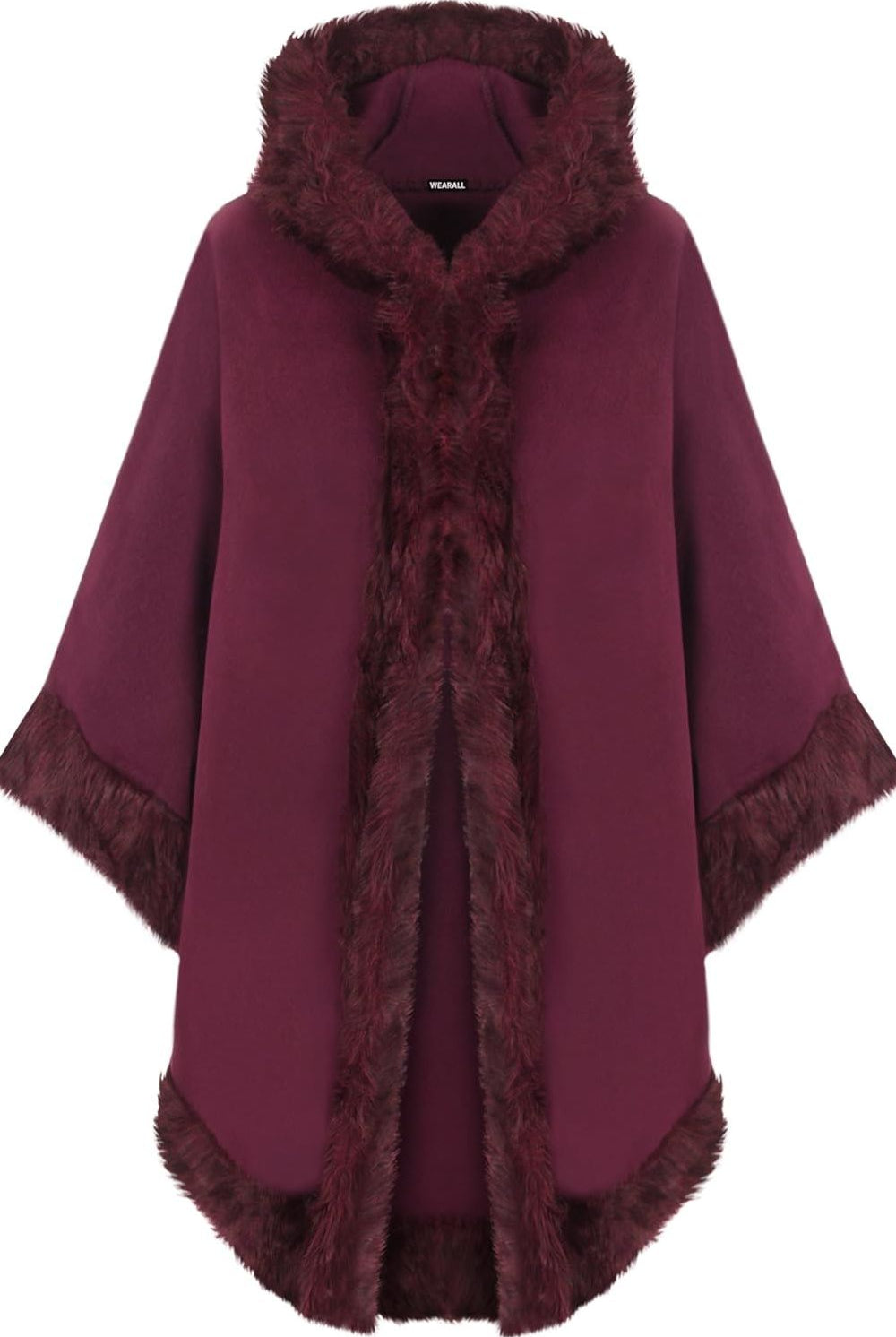 Faux Fur Trim Hood Cape Tops WearAll Magenta One Size