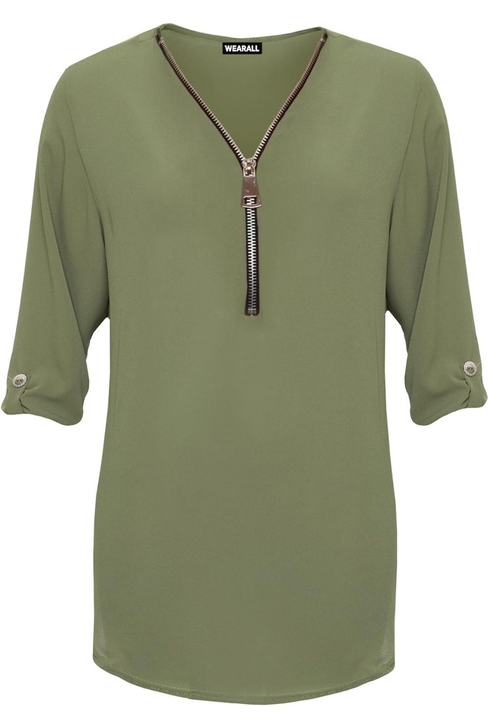 Curved Hem Crepe Top 3/4 Sleeve Plain Tops WearAll Green 14