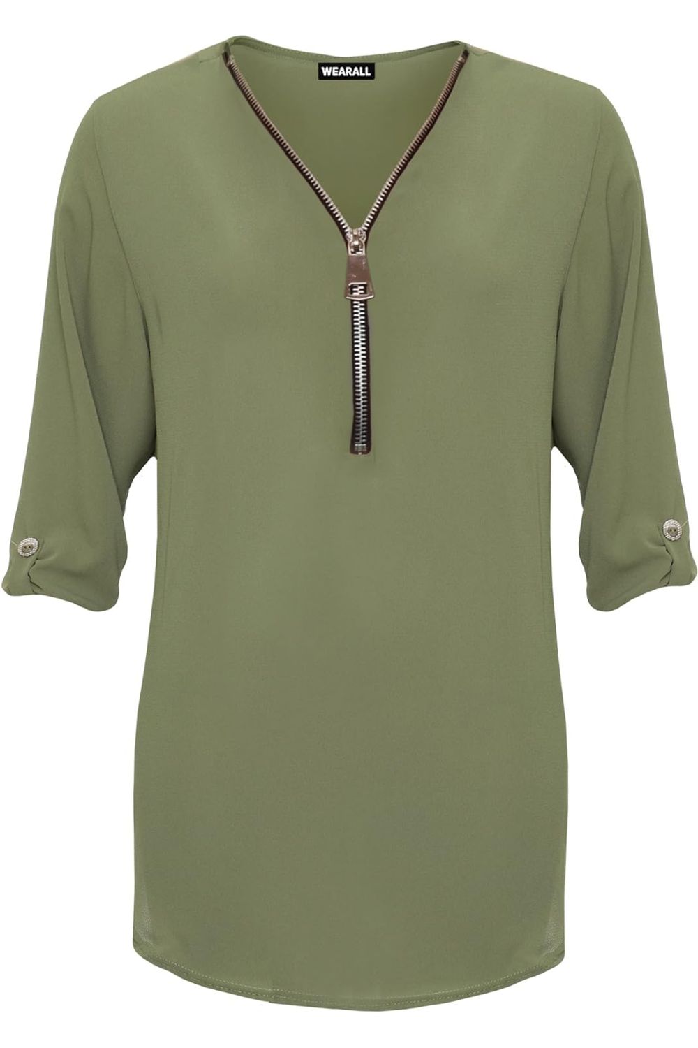 Curved Hem Crepe Top 3/4 Sleeve Plain Tops WearAll Green 14