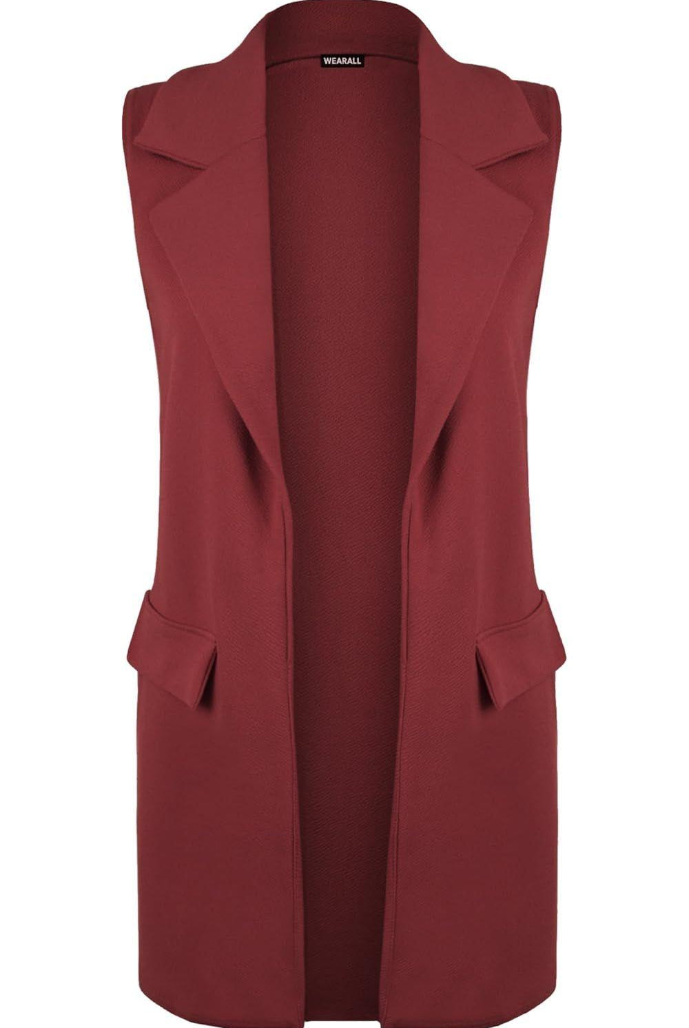 Plus Size Crepe Open Long Waistcoat Pocket Top cardigan WearAll Wine 16