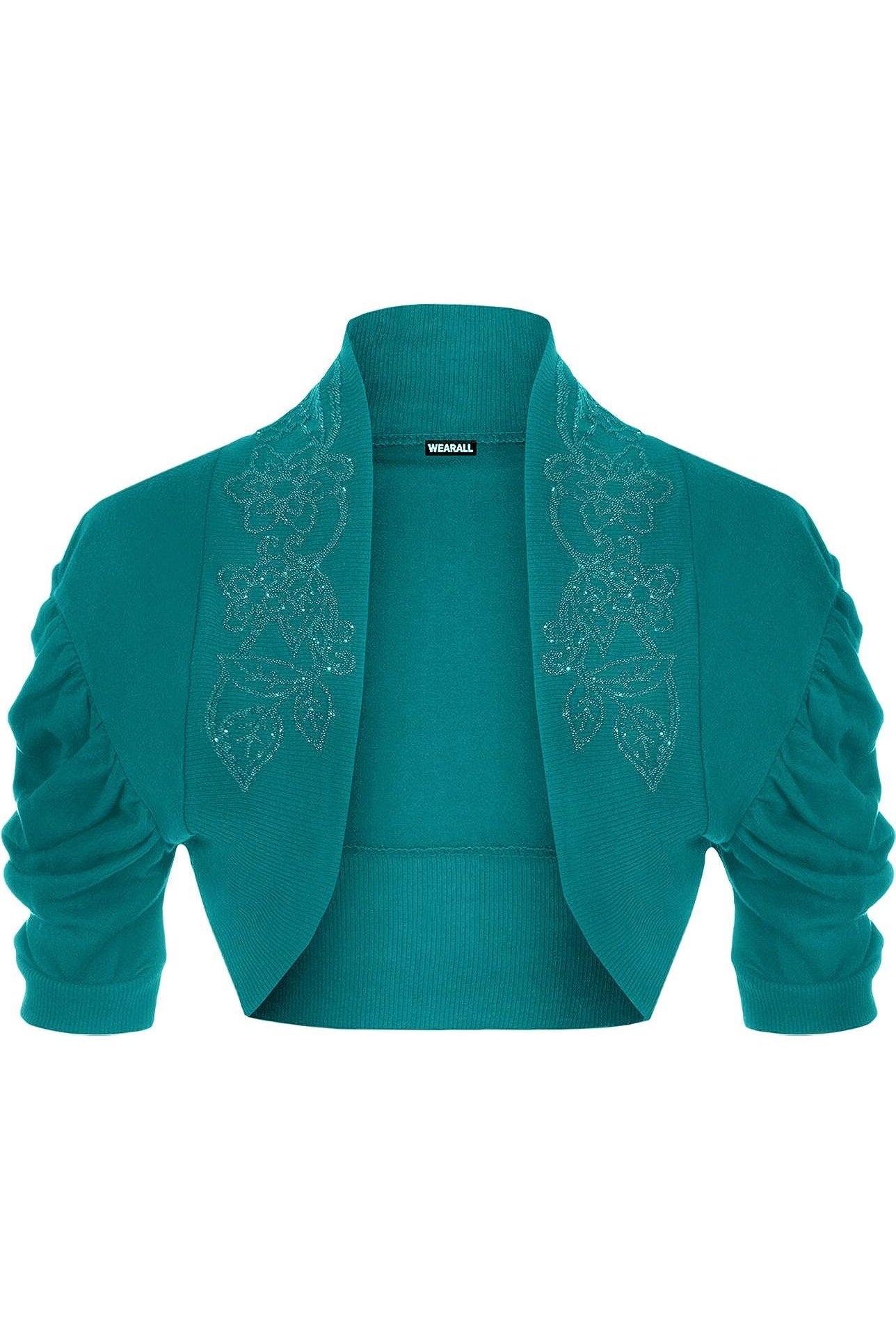 Puff Sleeve Beaded Shrug Tops WearAll Teal 8-10