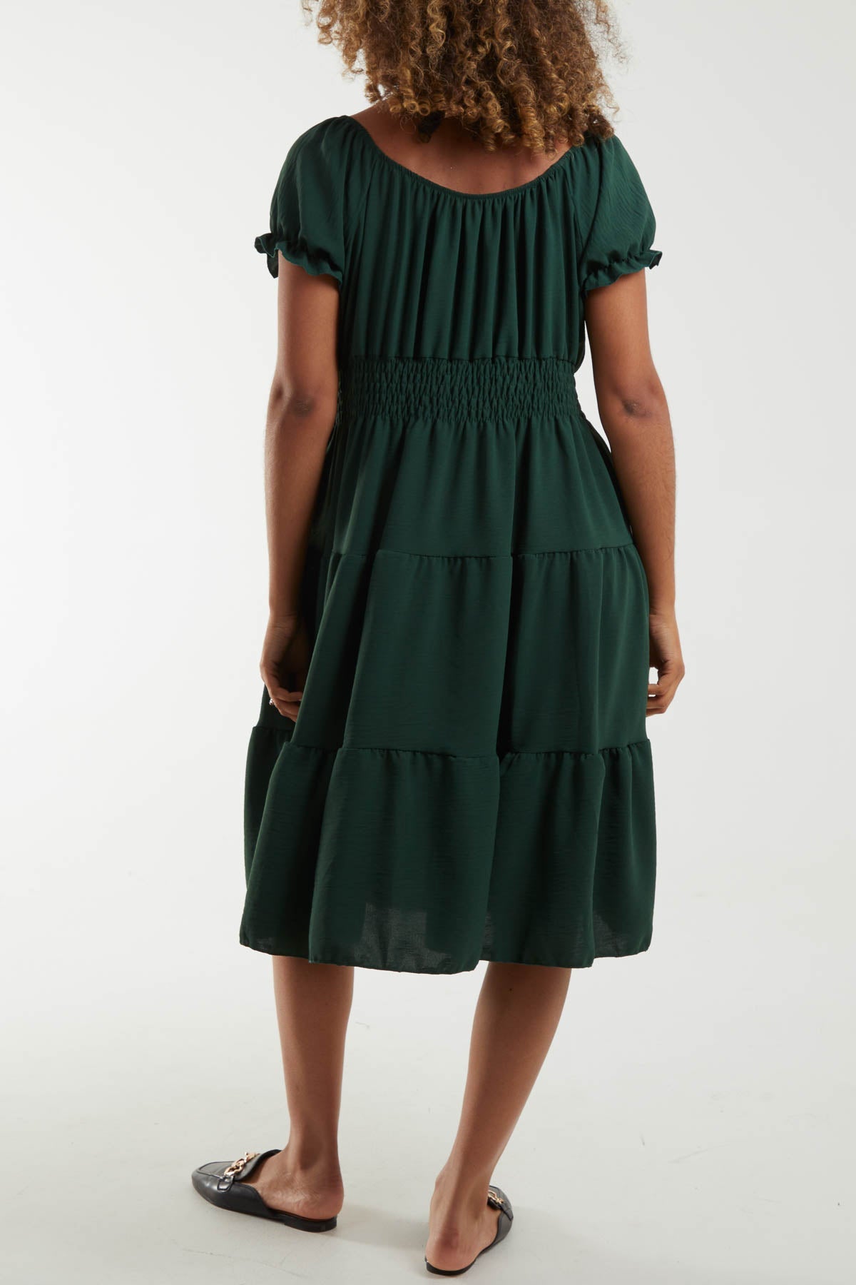 Bardot Shirred Bodice Tiered Dress Dresses WearAll