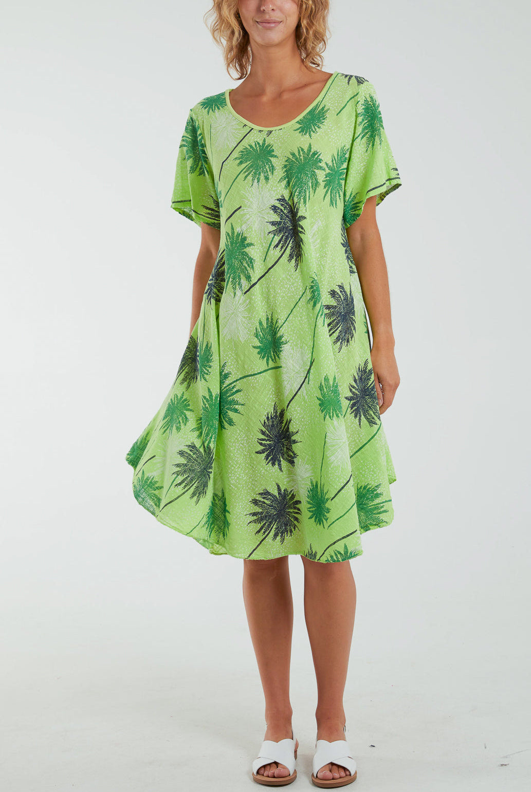 Palm Tree Short Sleeve Midi Dress Dresses WearAll Lime One Size