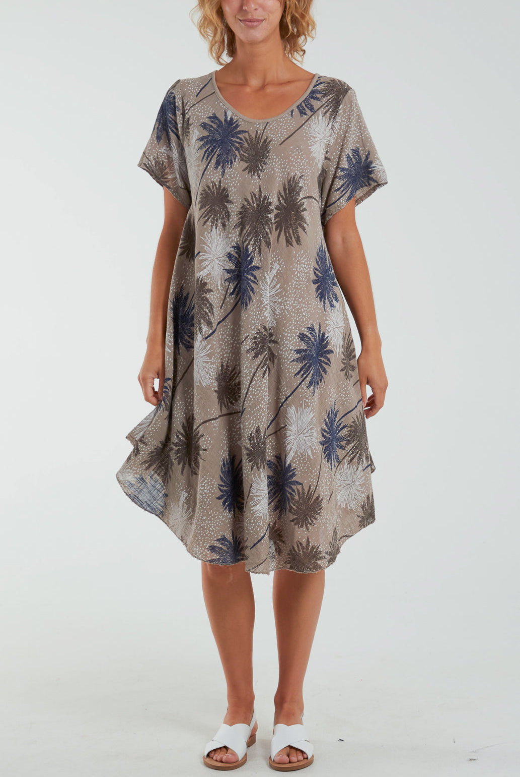 Palm Tree Short Sleeve Midi Dress Dresses WearAll Mocha One Size