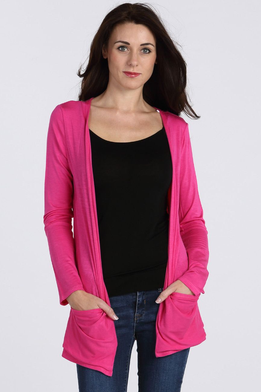 Plus Size Long Sleeve Pocket Cardigan cardigan WearAll Cerise 16-18