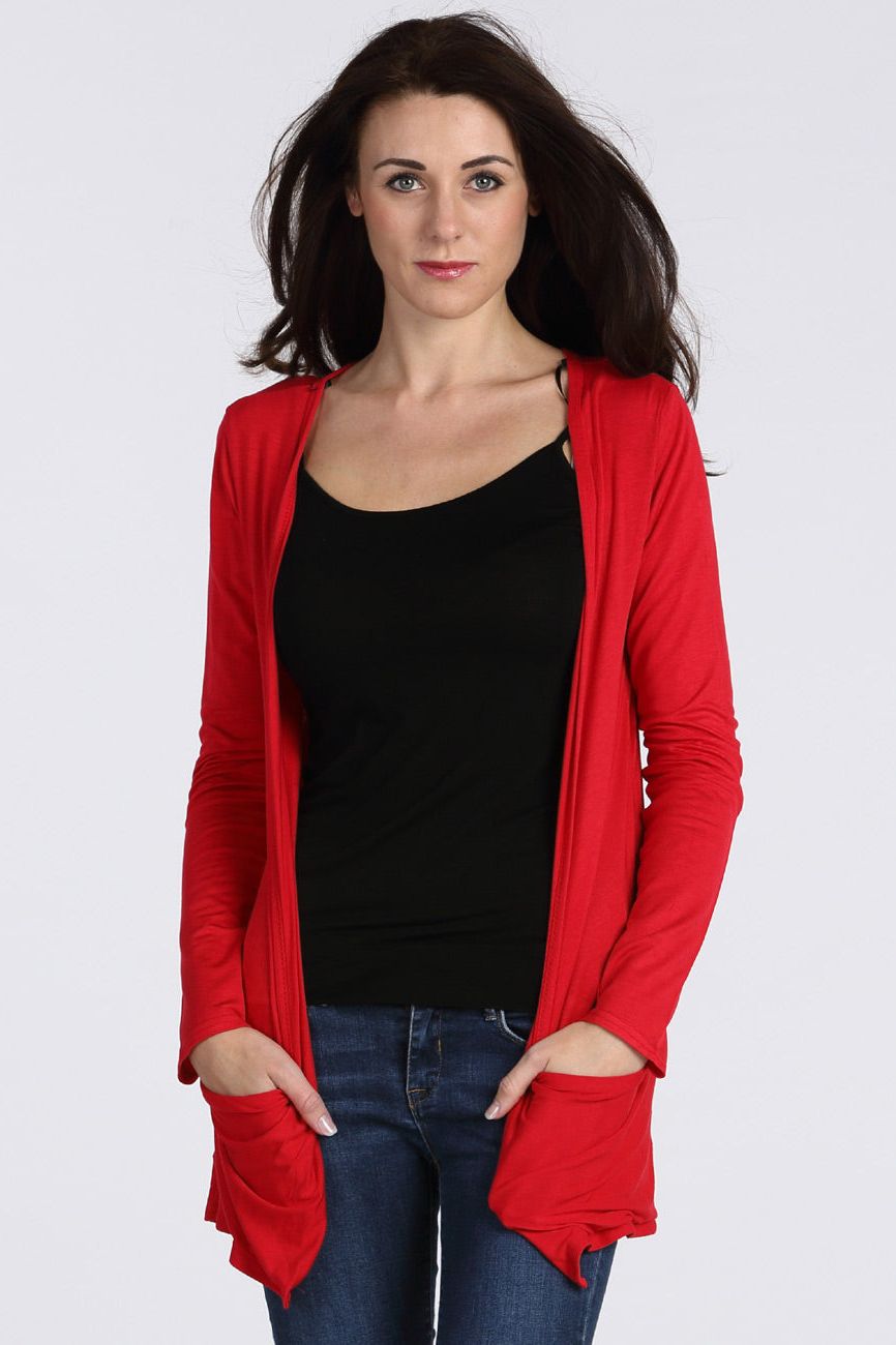 Ladies Long Sleeve Pocket Cardigan cardigan WearAll Red 8-10