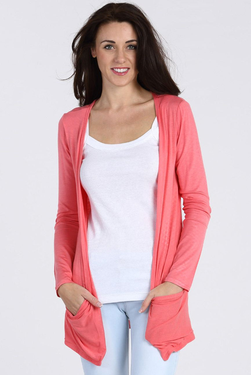 Plus Size Long Sleeve Pocket Cardigan cardigan WearAll Coral 16-18