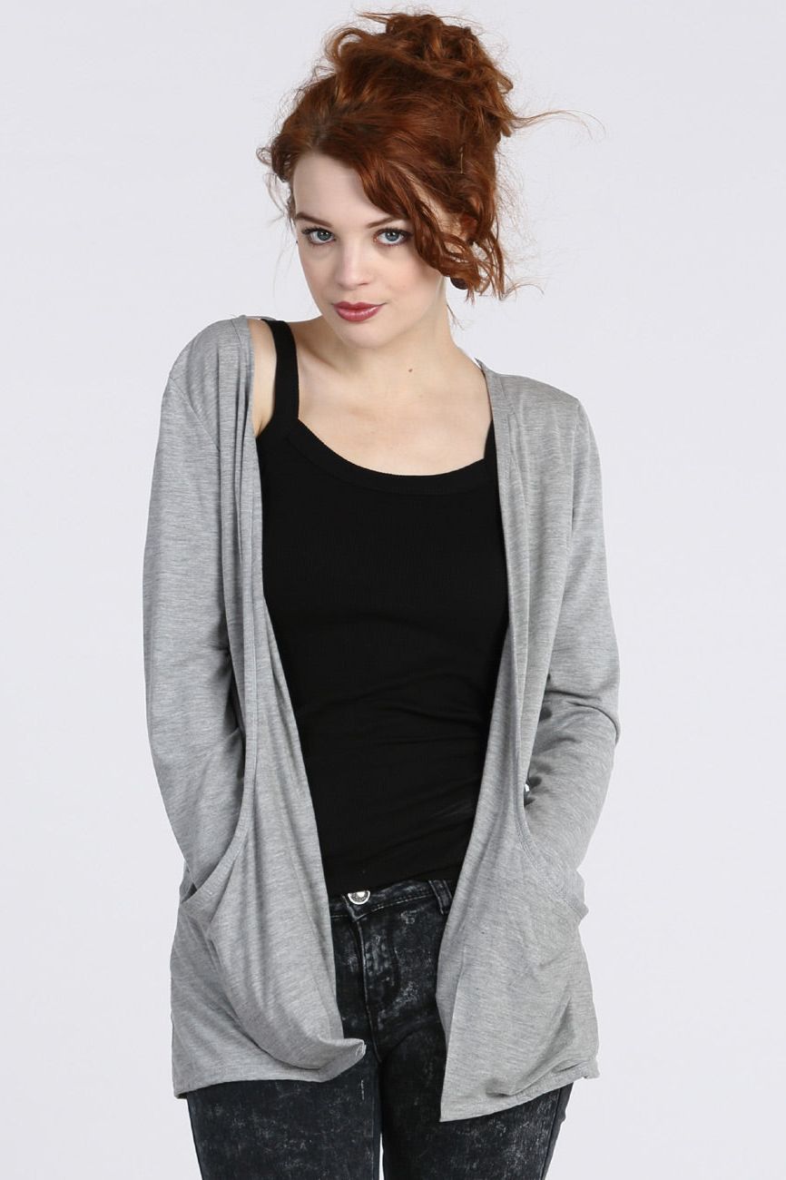 Ladies Long Sleeve Pocket Cardigan cardigan WearAll Light Grey 8-10