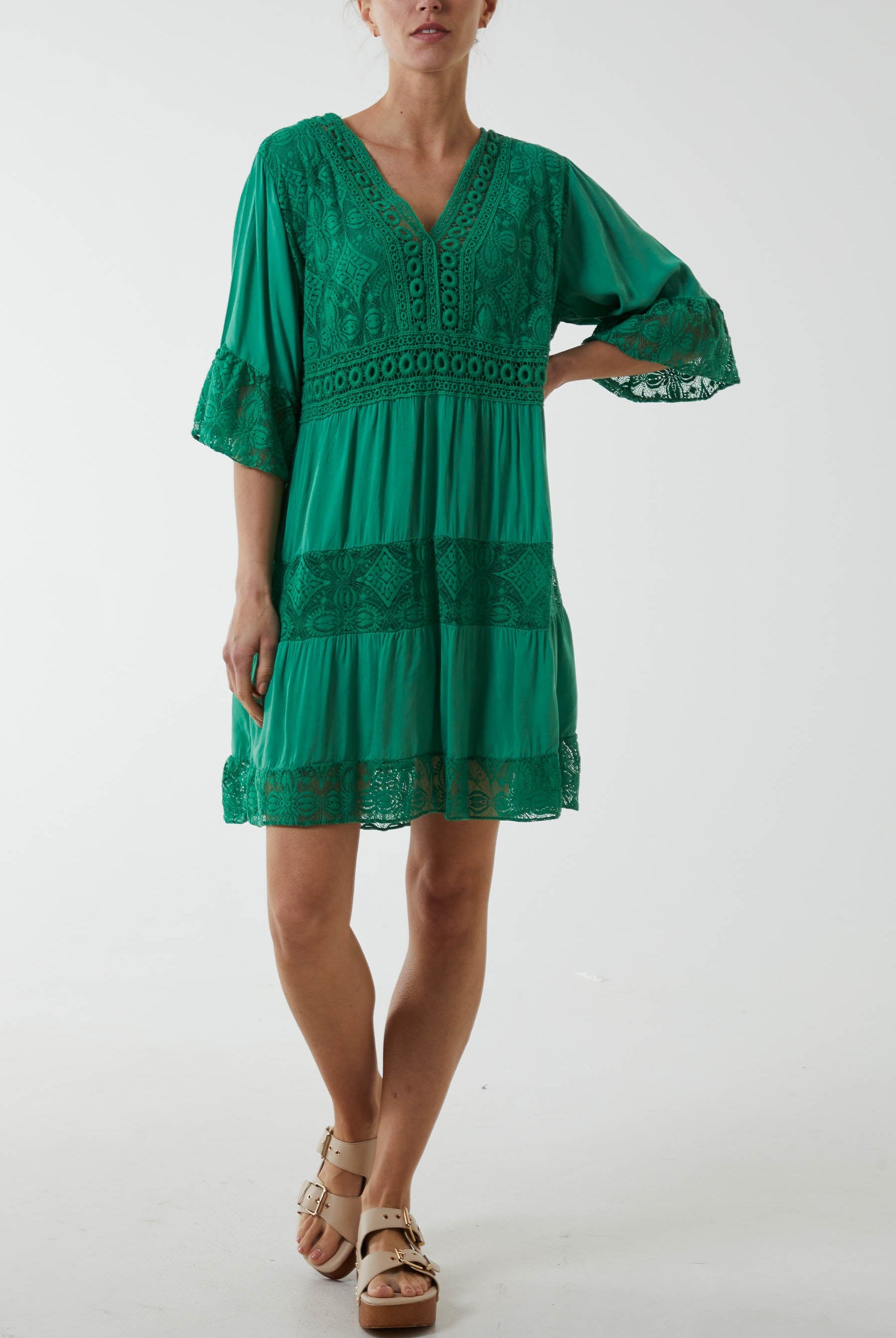Lace Tiered Smock Dress Dresses WearAll Jade One Size