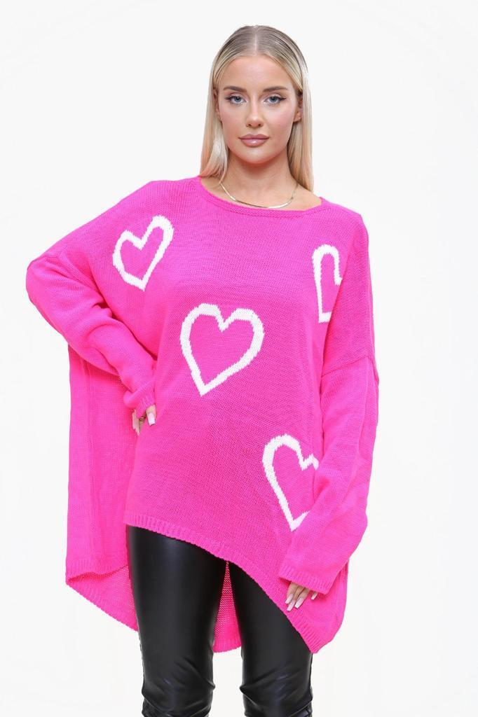 Heart Print Oversized Jumper Jumper & Cardigan WearAll Fuchsia 12-24