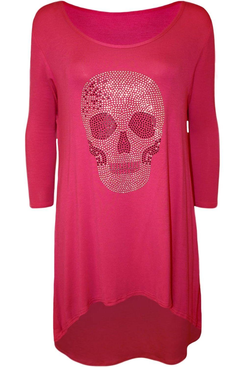 Skull Tail Back Dip Hem Scoop Top Tops WearAll Cerise 14