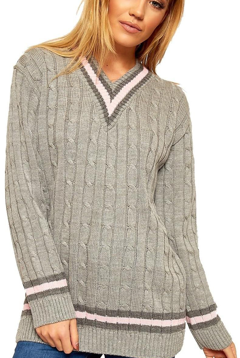 Cable Knitted Cricket Stripe Jumper Jumper WearAll Grey 16-18
