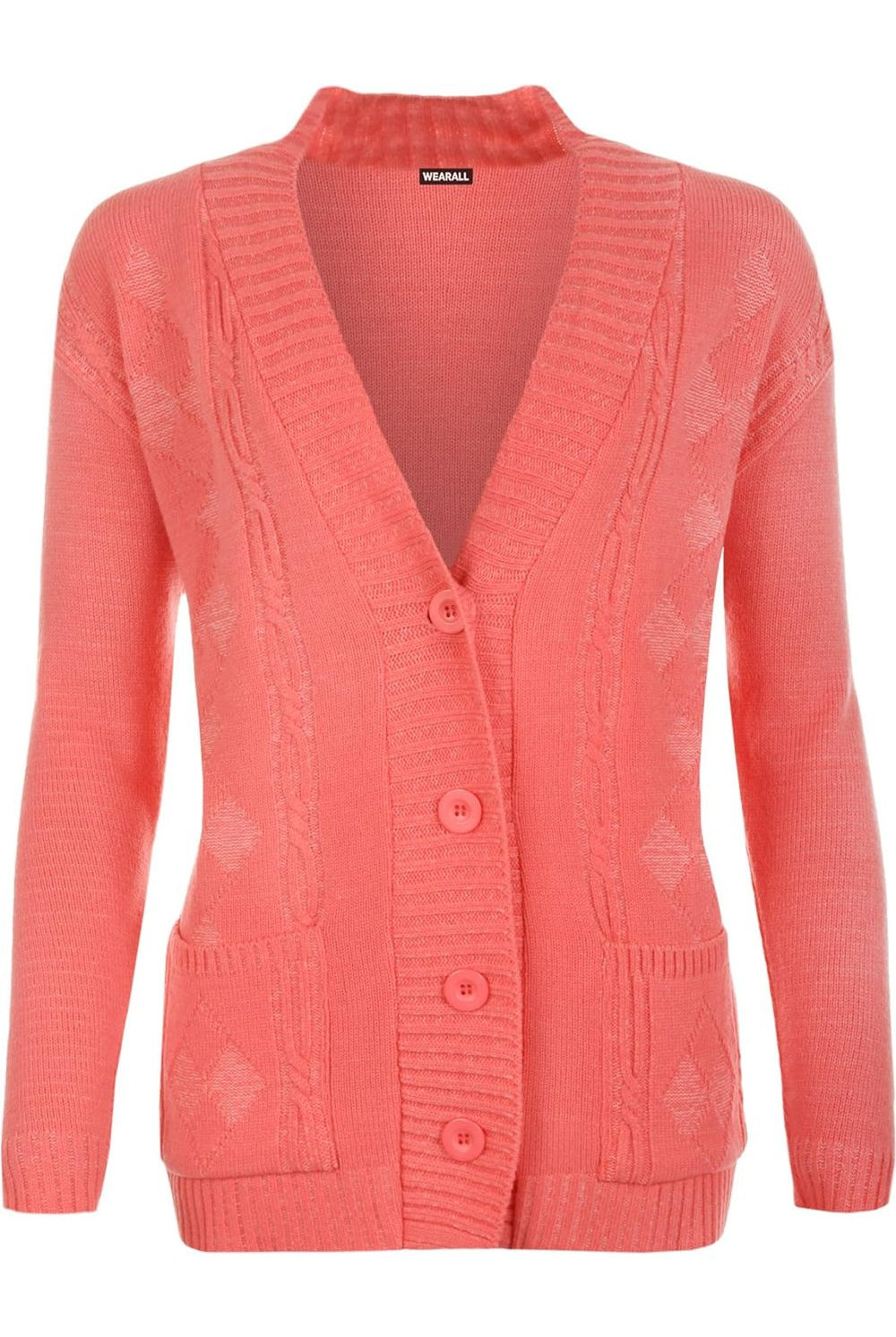 Button Long Sleeve Pocket Knitted Cardigan Knitted Cardigan WearAll Coral 8-10