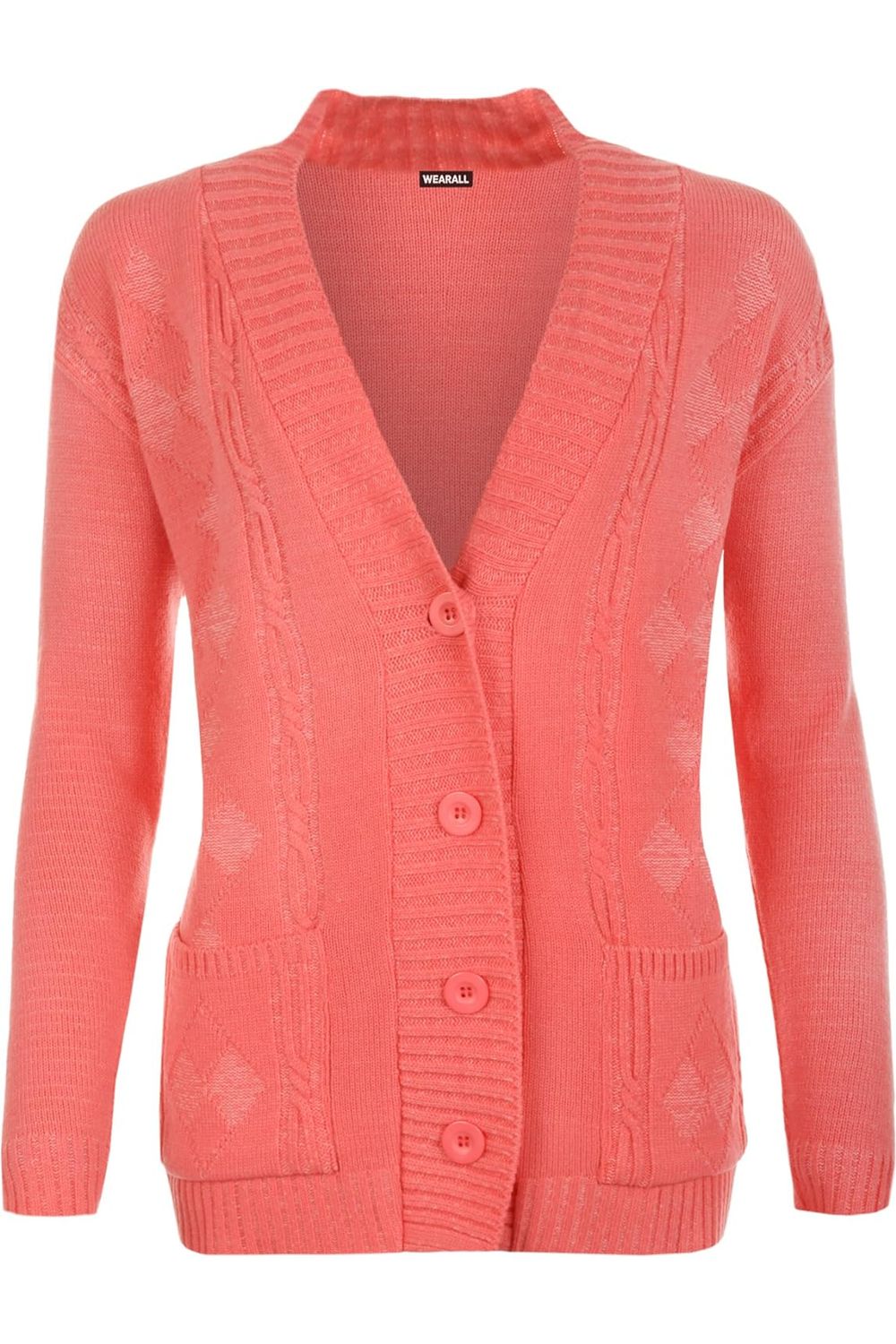 Button Long Sleeve Pocket Knitted Cardigan Knitted Cardigan WearAll Coral 8-10