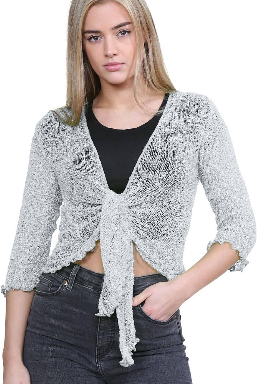 Tie Up Knitted Cropped Bolero Shrug Shrugs WearAll Light Grey One Size (8-14)