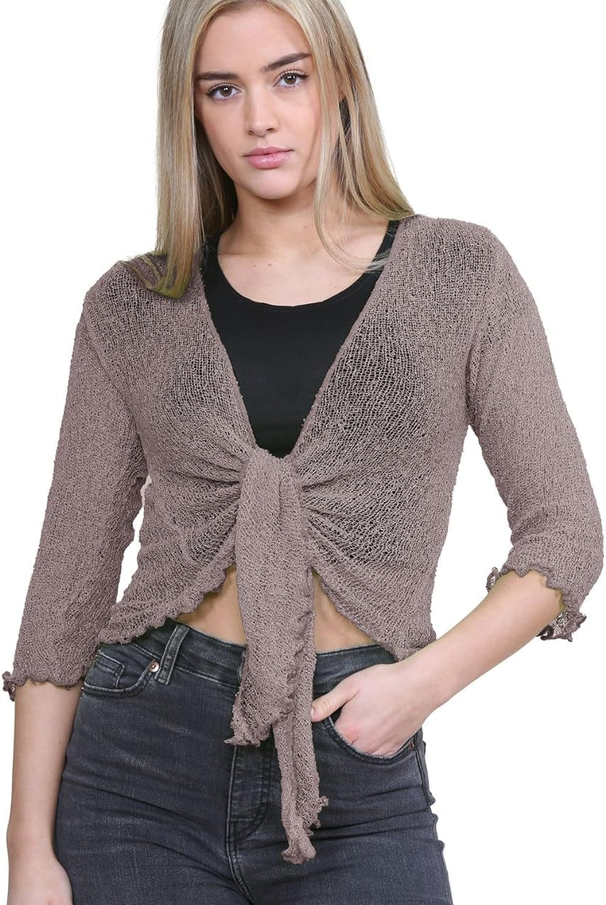 Tie Up Knitted Cropped Bolero Shrug Shrugs WearAll Mocha One Size (8-14)