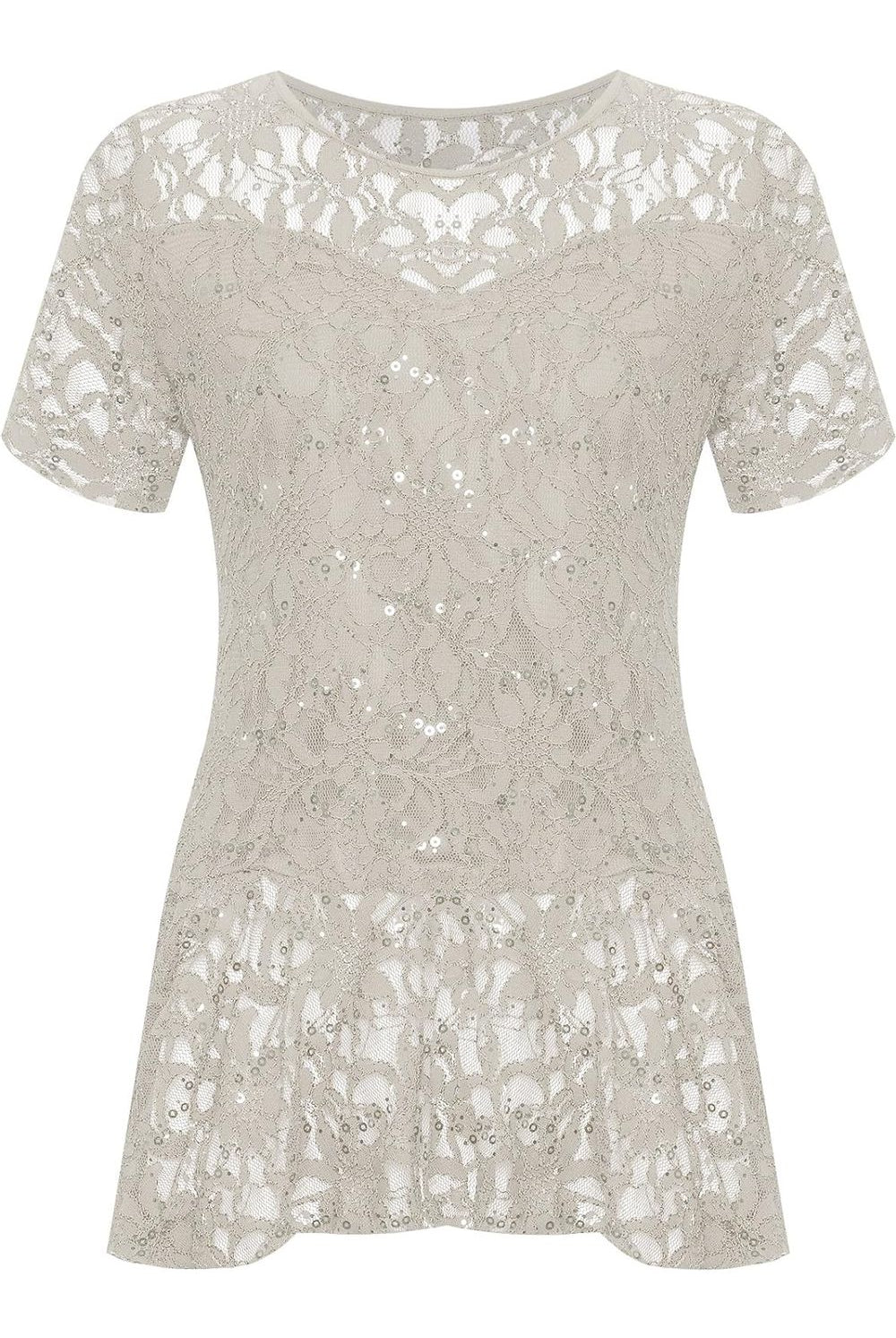 Lace Sequin Peplum Frill Top Tops WearAll Cream 14