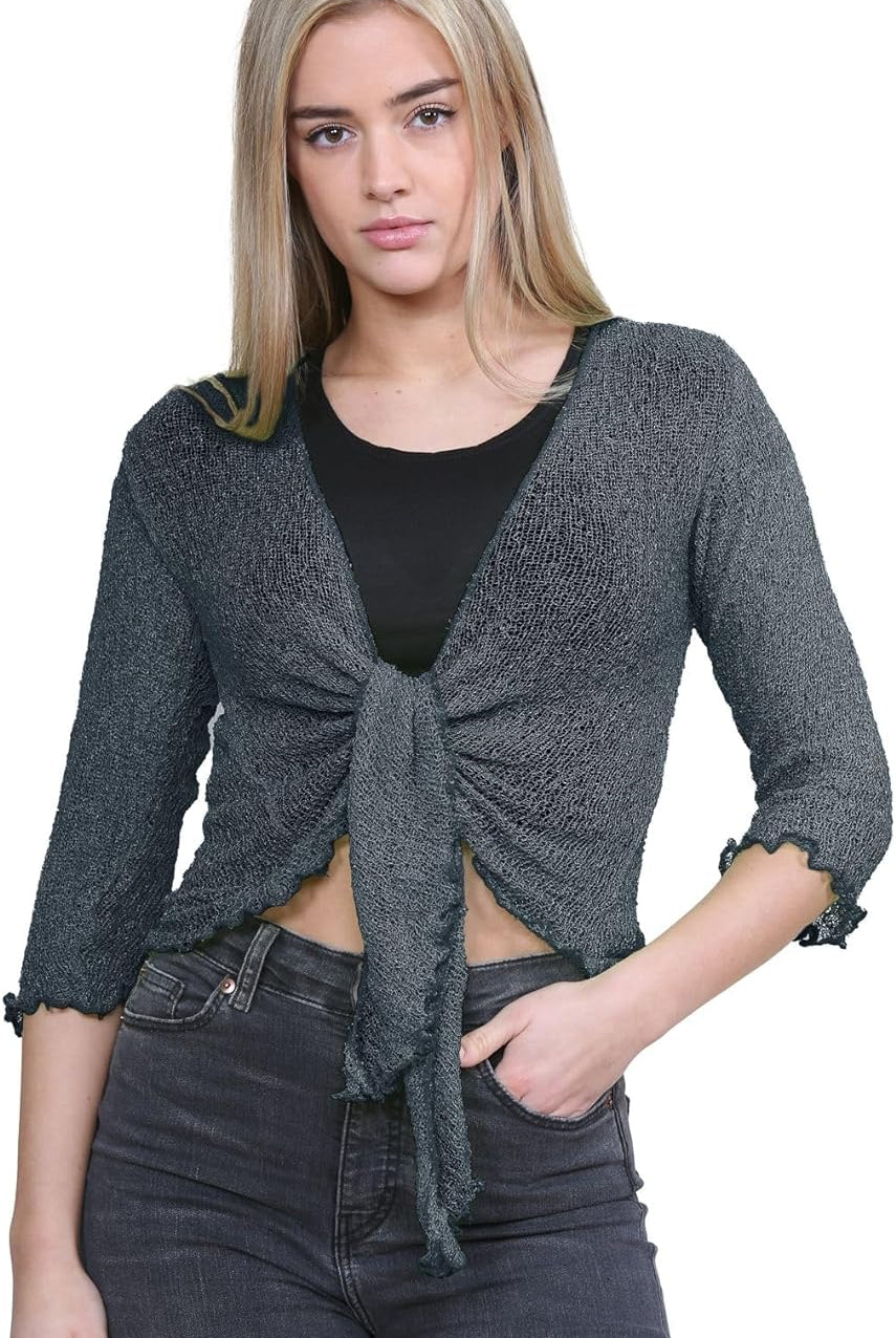Tie Up Knitted Cropped Bolero Shrug Shrugs WearAll Charcoal One Size (8-14)