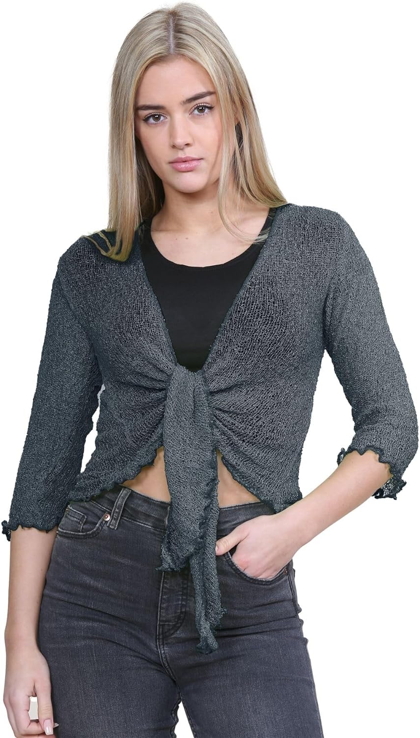 Tie Up Knitted Cropped Bolero Shrug Shrugs WearAll Charcoal One Size (8-14)