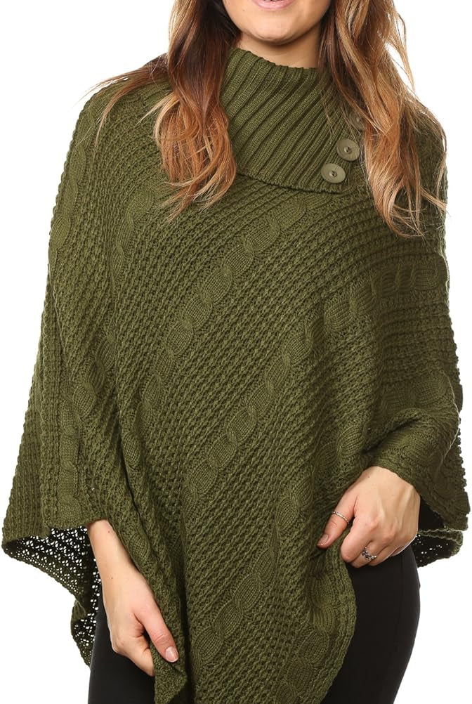 Button Knitted Poncho Knitted Jumper WearAll Khaki One Size (8-16)
