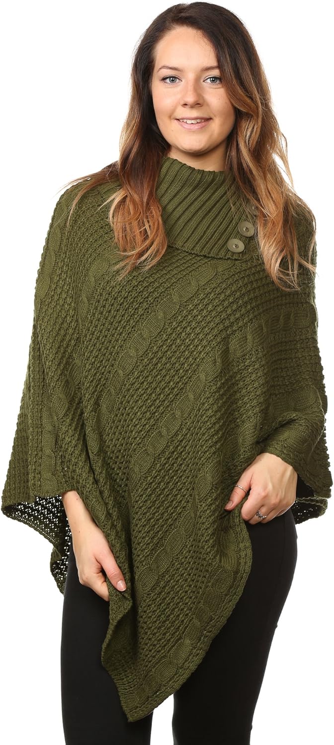 Button Knitted Poncho Knitted Jumper WearAll Khaki One Size (8-16)