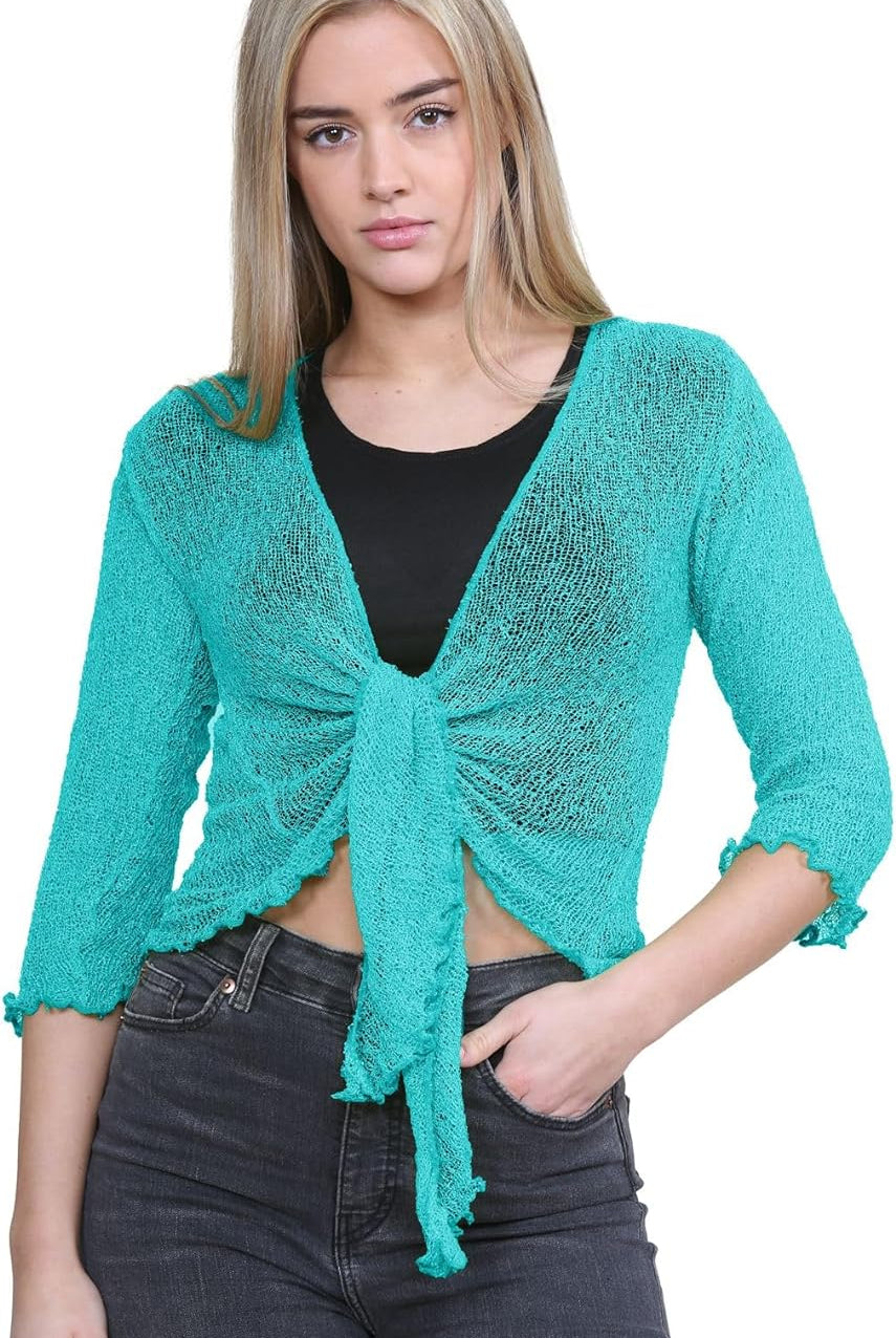 Tie Up Knitted Cropped Bolero Shrug Shrugs WearAll Jade Green One Size (8-14)