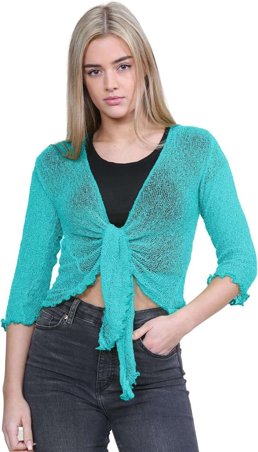 Tie Up Knitted Cropped Bolero Shrug Shrugs WearAll Jade Green One Size (8-14)