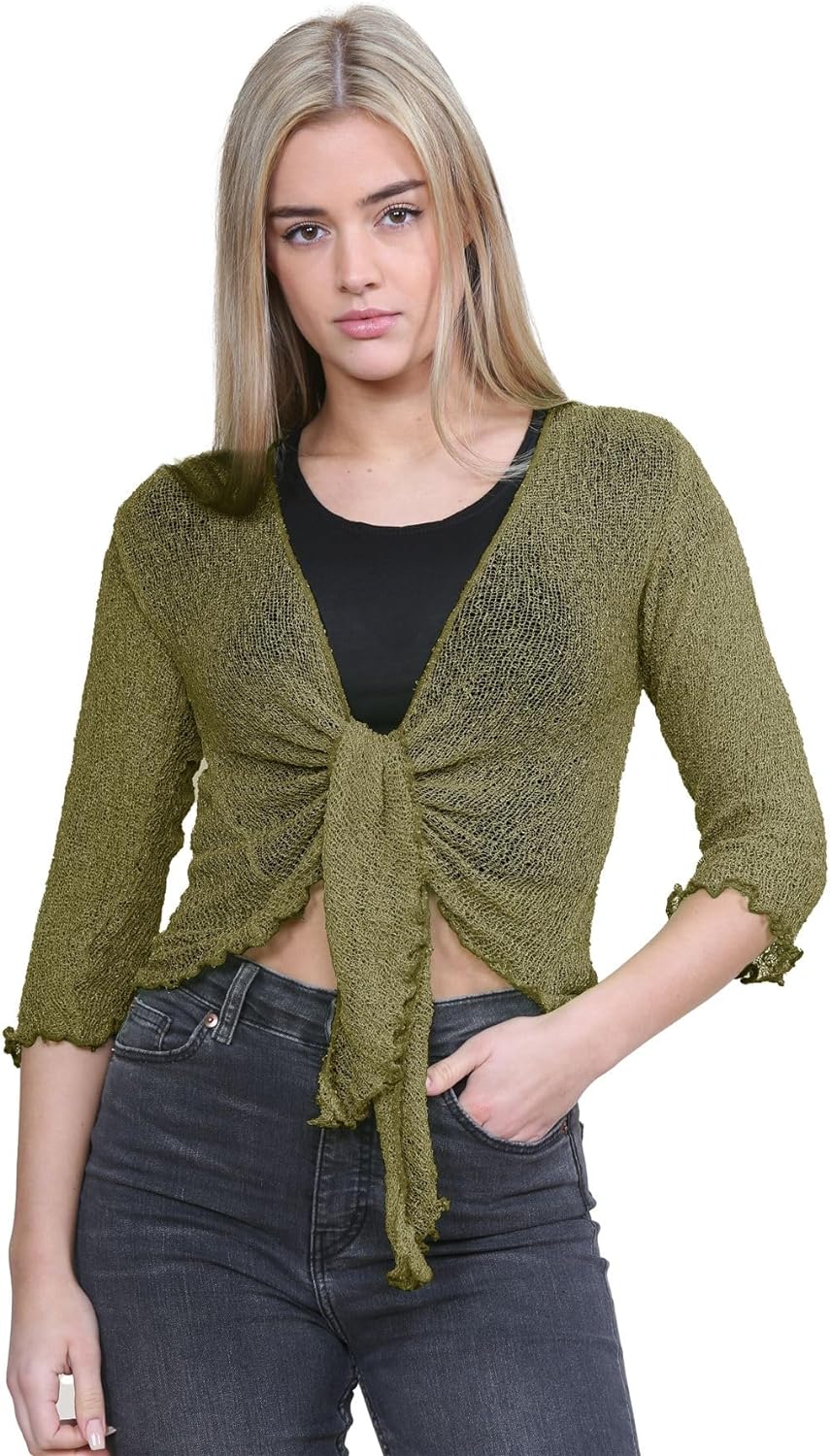 Tie Up Knitted Cropped Bolero Shrug Shrugs WearAll Khaki One Size (8-14)
