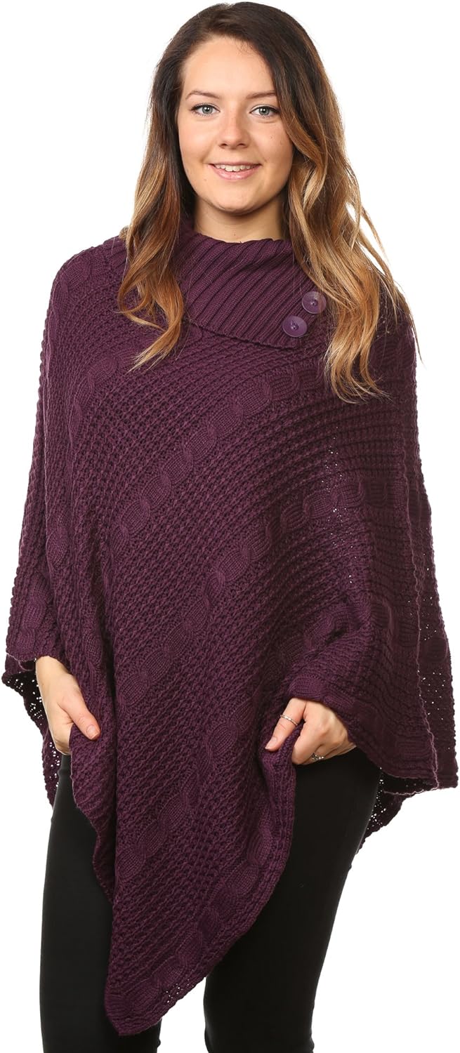 Button Knitted Poncho Knitted Jumper WearAll Purple One Size (8-16)
