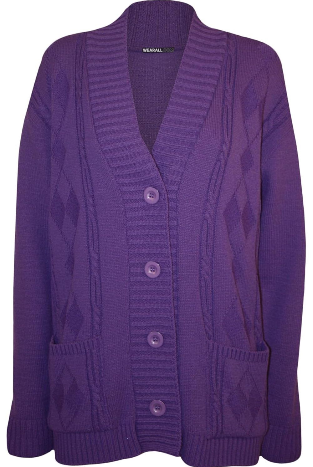 Button Long Sleeve Pocket Knitted Cardigan Knitted Cardigan WearAll Purple 8-10