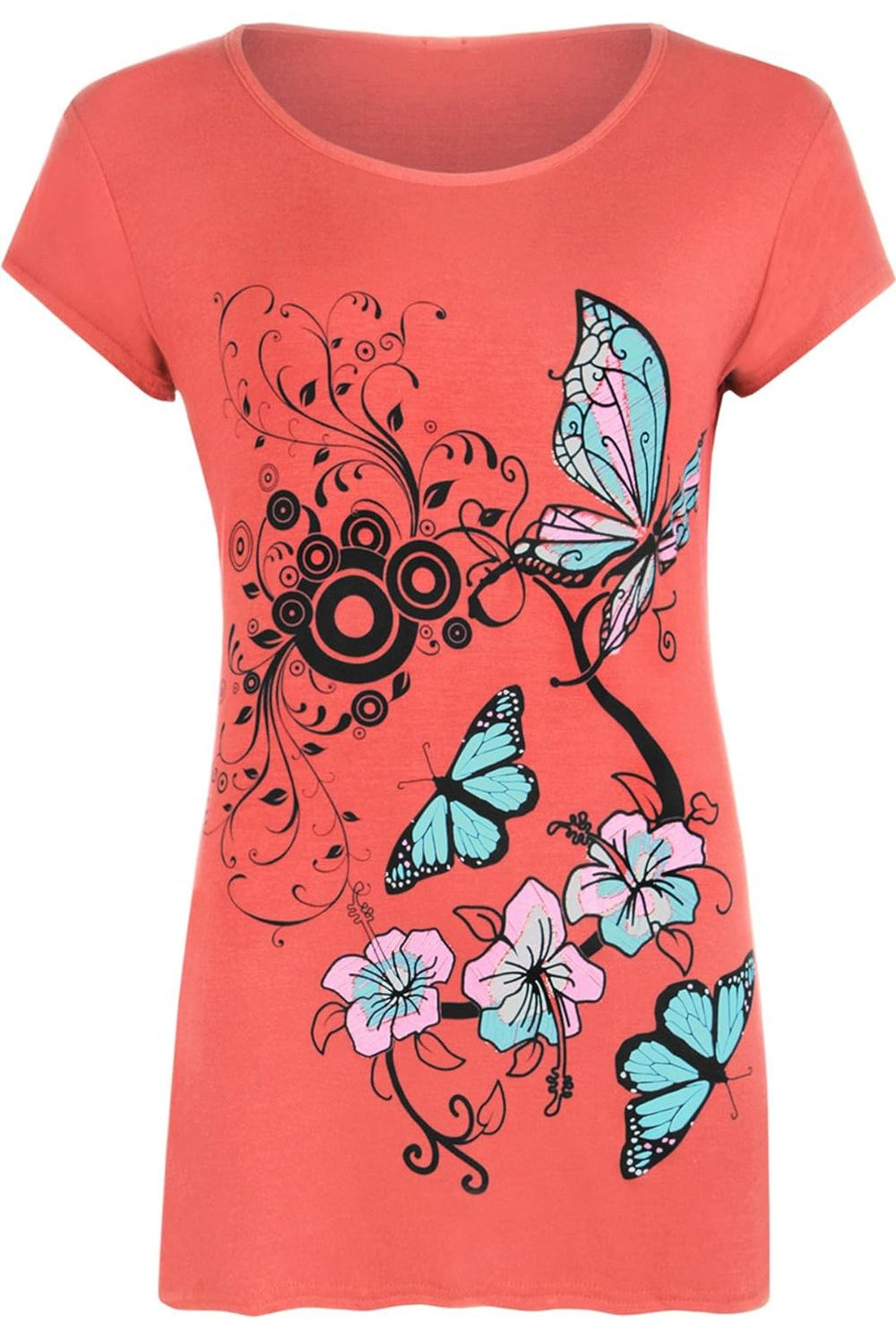 Butterfly Print T-Shirt Baggy Top Tops WearAll Coral 8-10
