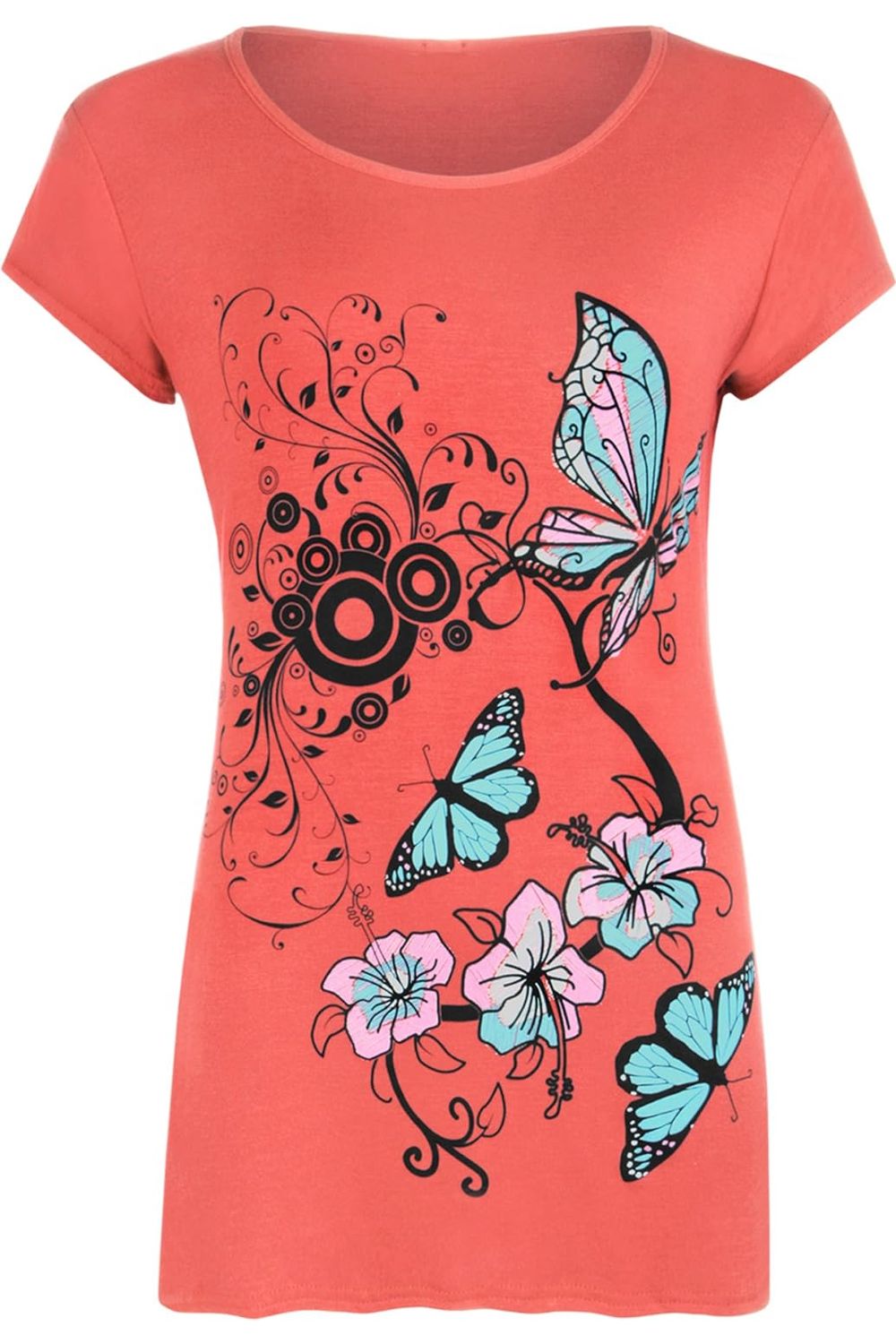 Plus Size Butterfly Print T-Shirt Top Tops WearAll Coral 16-18