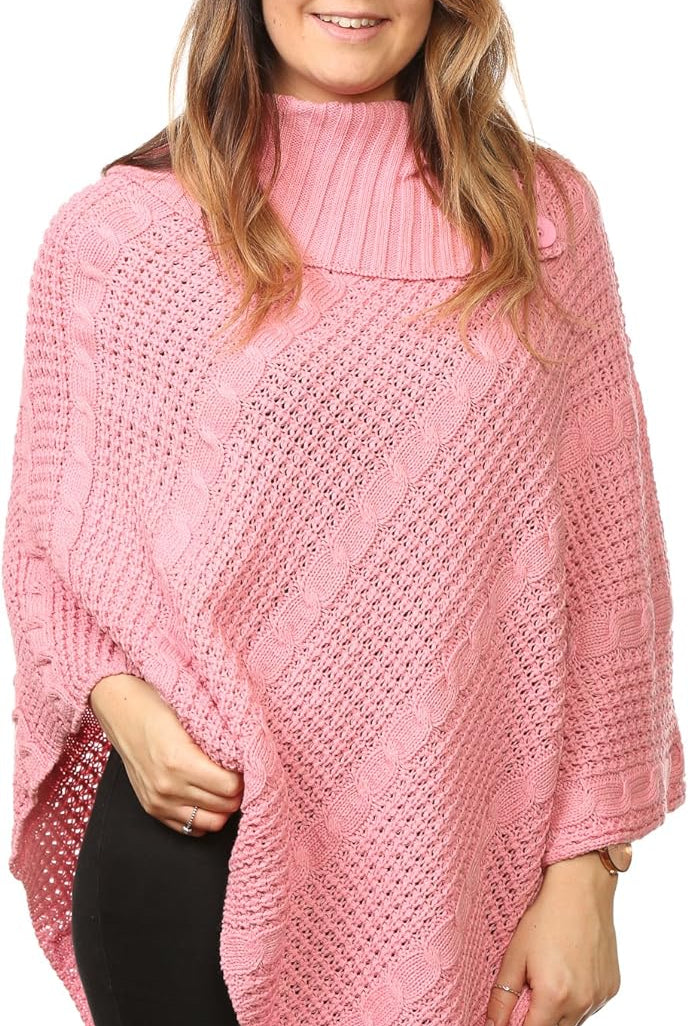 Button Knitted Poncho Knitted Jumper WearAll Pink One Size (8-16)