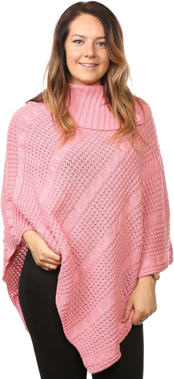 Button Knitted Poncho Knitted Jumper WearAll Pink One Size (8-16)