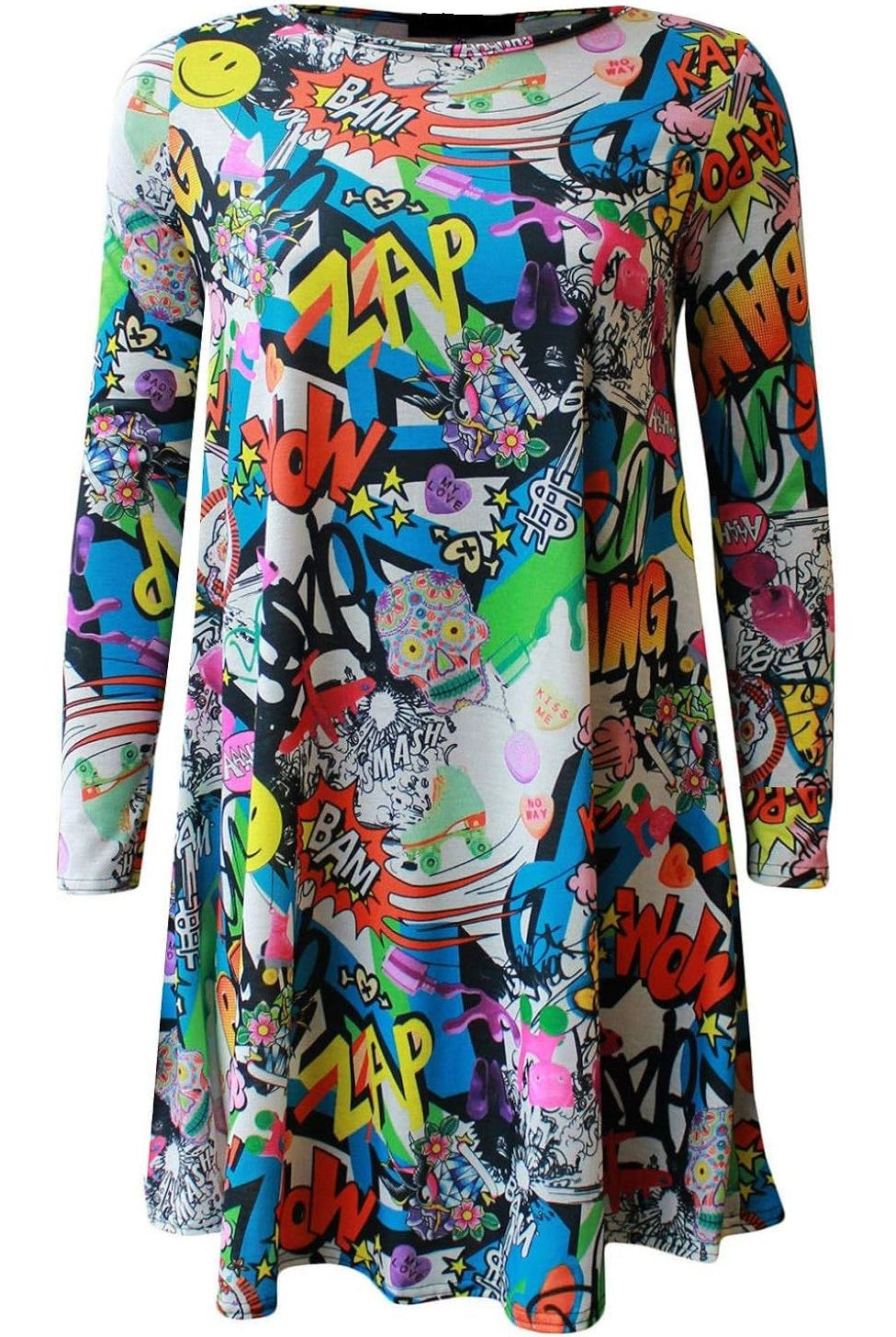 Bang Print Long Sleeve Swing Dress Top Dress WearAll