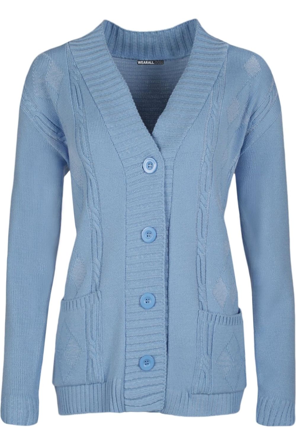 Plus Size Button Long Sleeve Pocket Knitted Cardigan Knitted Cardigan WearAll Light Blue 14-16