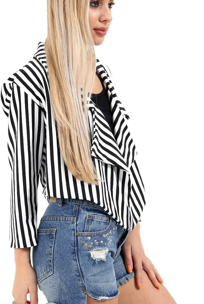 Plus Size Cropped Waterfall Blazer Striped Print Tops WearAll