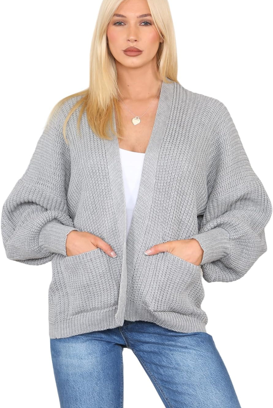 Short Balloon Sleeve Cardigan One Size (10-18) Apparel & Accessories WearAll Silver Grey