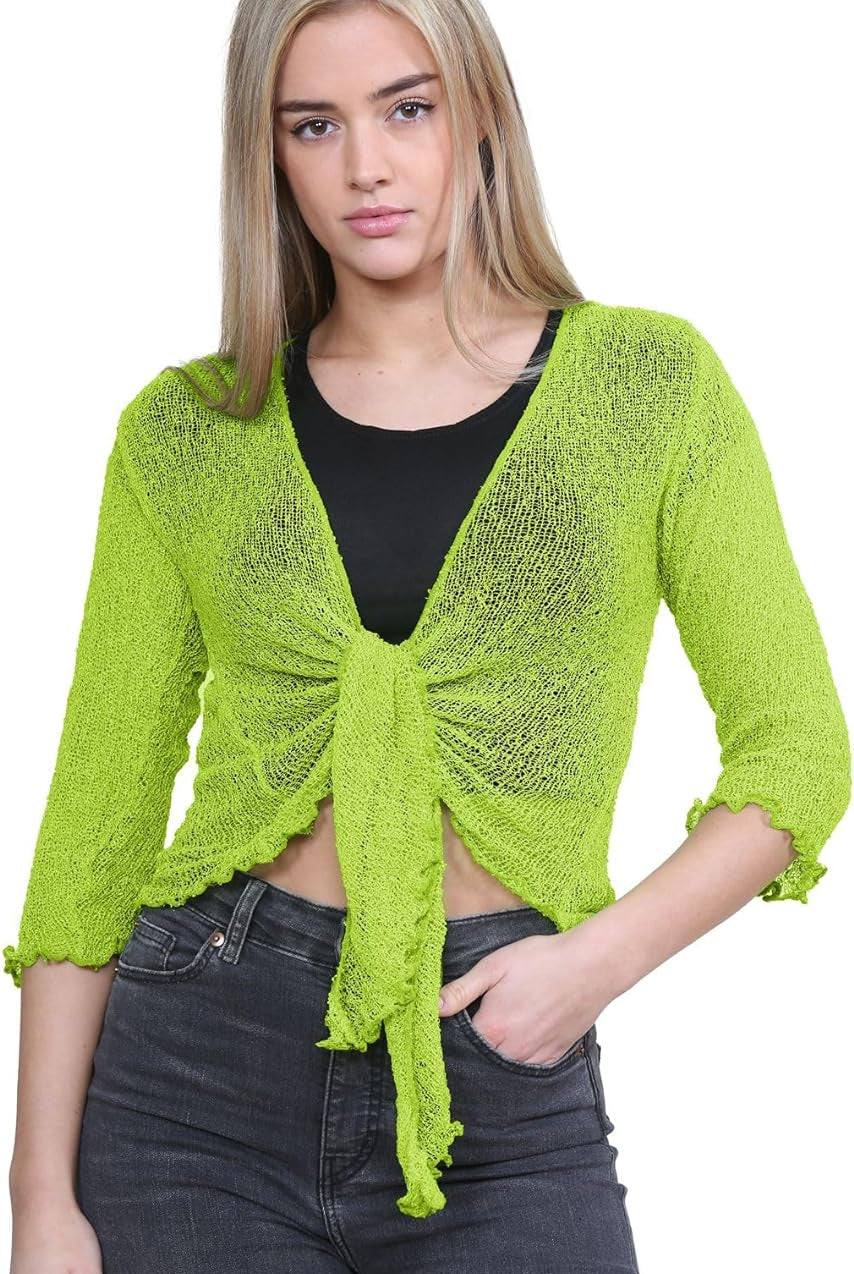 Tie Up Knitted Cropped Bolero Shrug Shrugs WearAll Lime Green One Size (8-14)