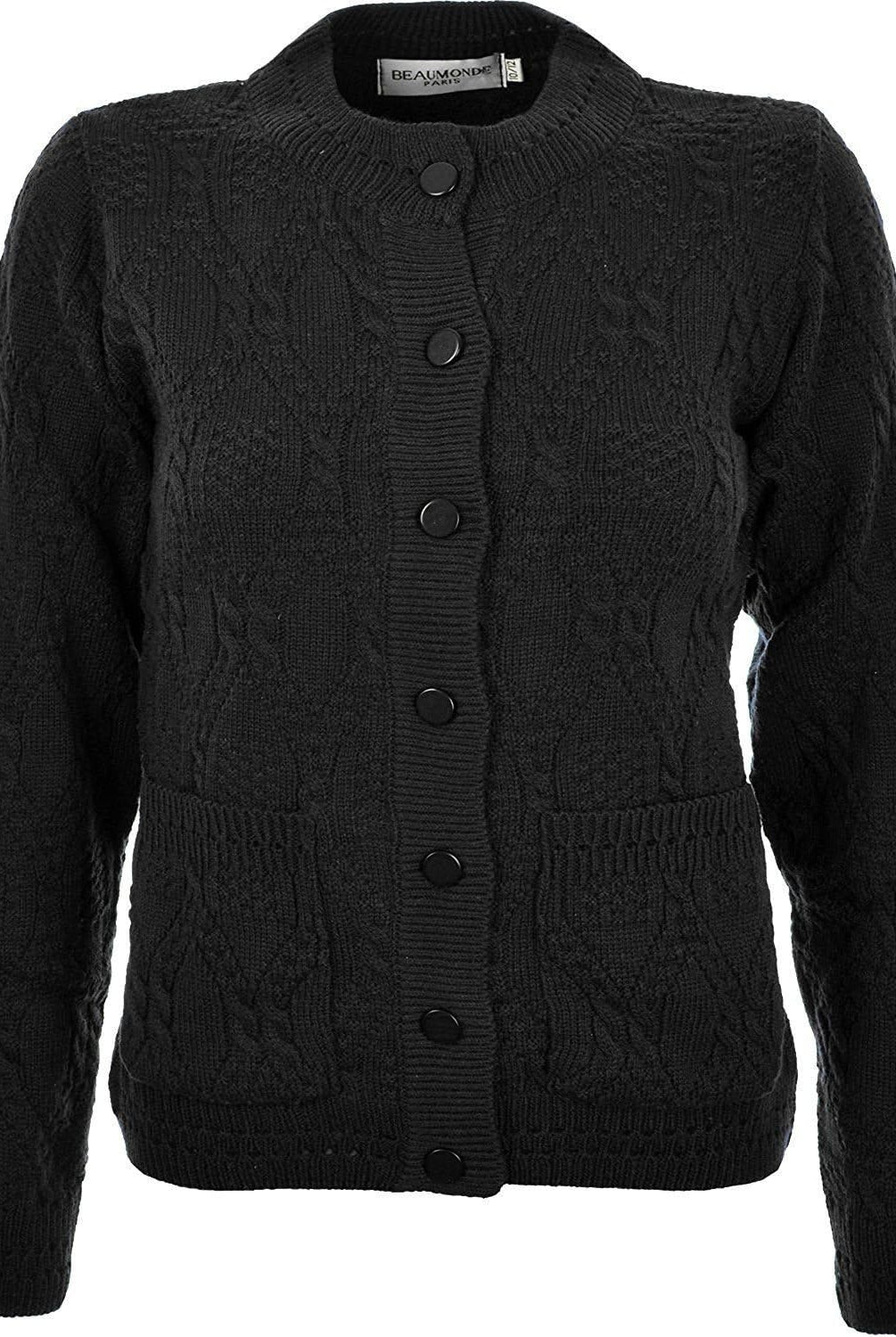 Knitted Crew Neck Pocket Front Button Cardigan Cardigans WearAll Black 10-12