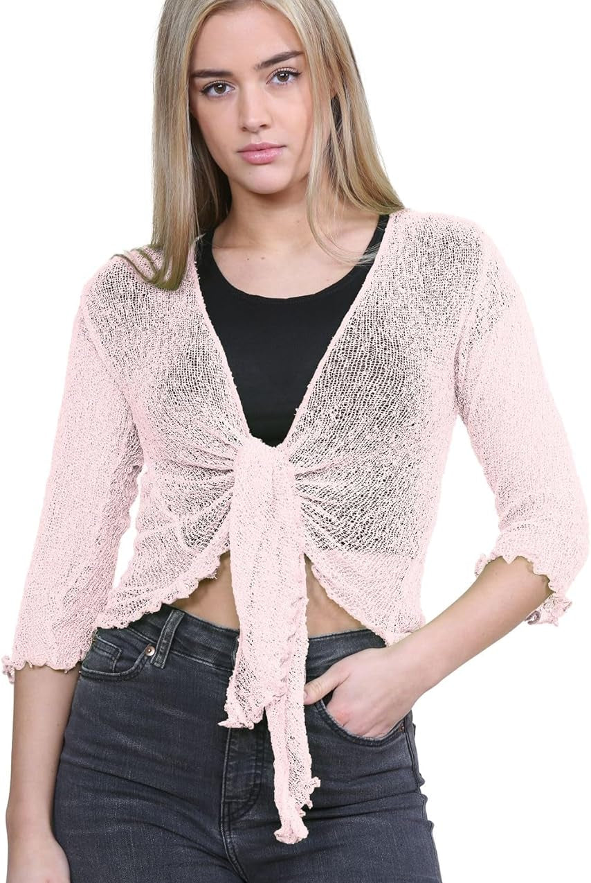 Tie Up Knitted Cropped Bolero Shrug Shrugs WearAll Nude One Size (8-14)