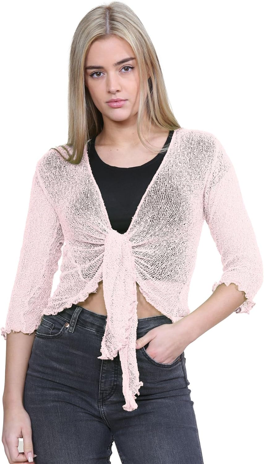 Tie Up Knitted Cropped Bolero Shrug Shrugs WearAll Nude One Size (8-14)