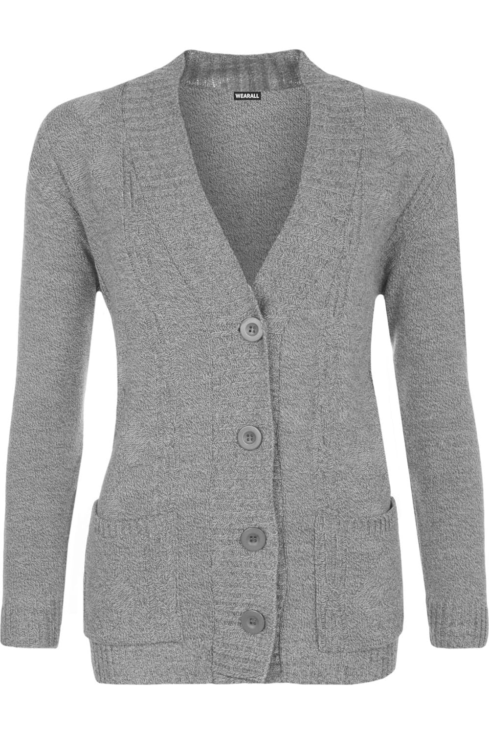 Plus Size Button Long Sleeve Pocket Knitted Cardigan Knitted Cardigan WearAll Grey 14-16