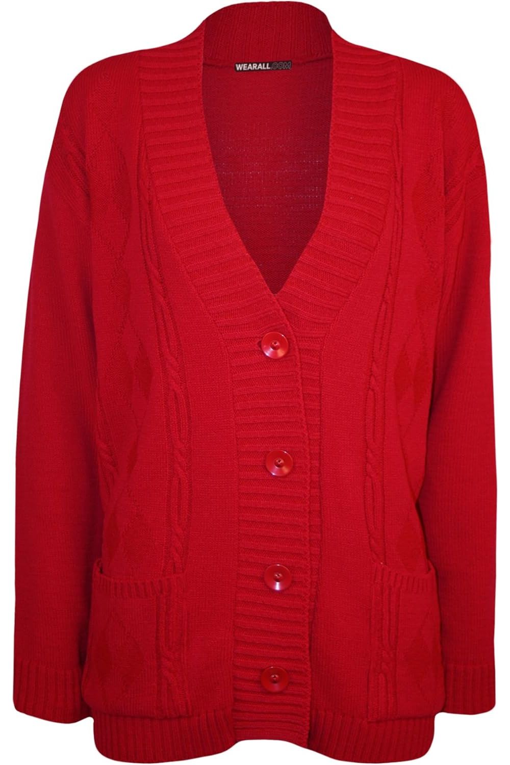 Plus Size Button Long Sleeve Pocket Knitted Cardigan Knitted Cardigan WearAll Red 14-16