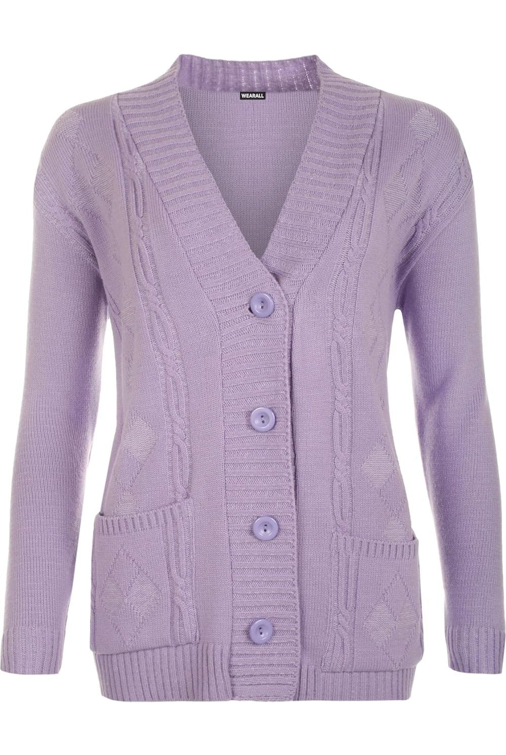 Button Long Sleeve Pocket Knitted Cardigan Knitted Cardigan WearAll Lilac 8-10