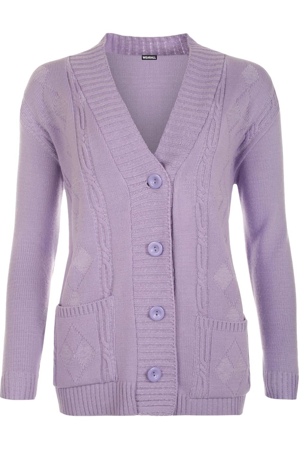 Plus Size Button Long Sleeve Pocket Knitted Cardigan Knitted Cardigan WearAll Lilac 14-16