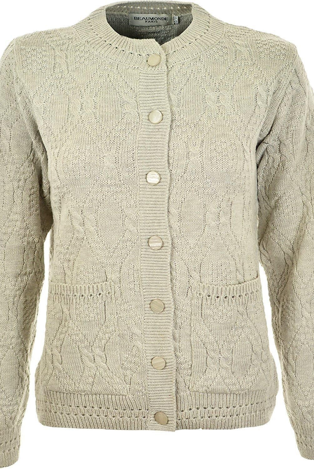 Knitted Crew Neck Pocket Front Button Cardigan Cardigans WearAll Oatmeal 10-12