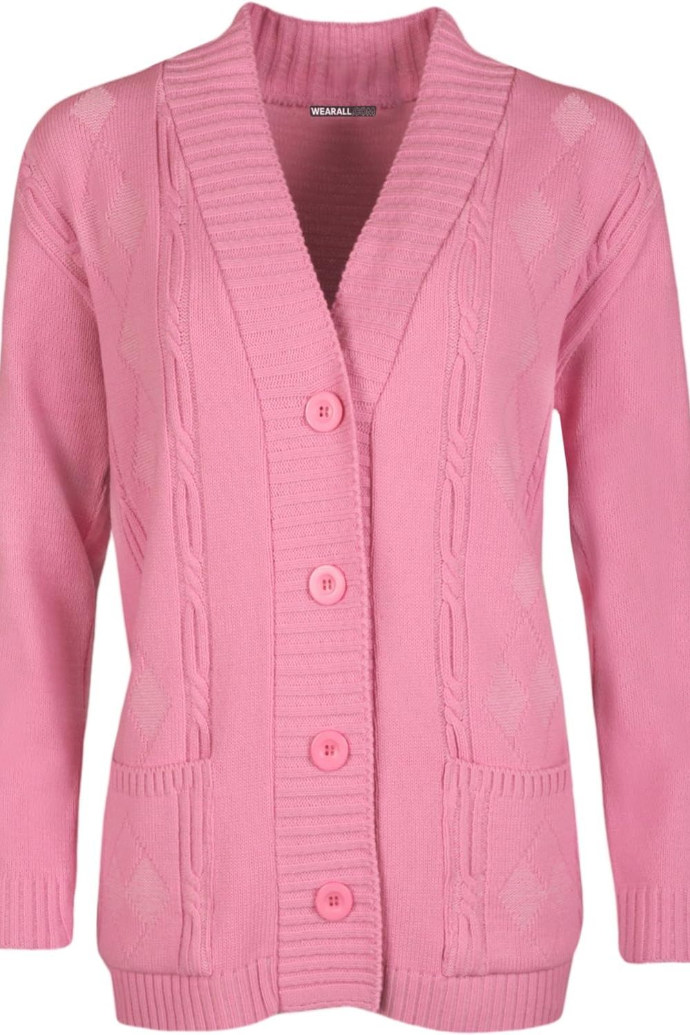 Plus Size Button Long Sleeve Pocket Knitted Cardigan Knitted Cardigan WearAll Dusky Pink 14-16