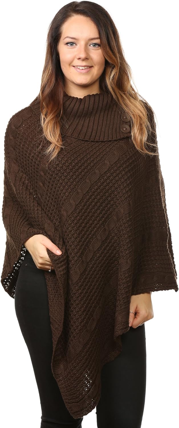 Button Knitted Poncho Knitted Jumper WearAll Brown One Size (8-16)